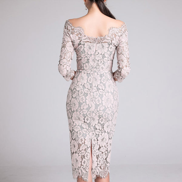Off-the-shoulder lace sheath dresses