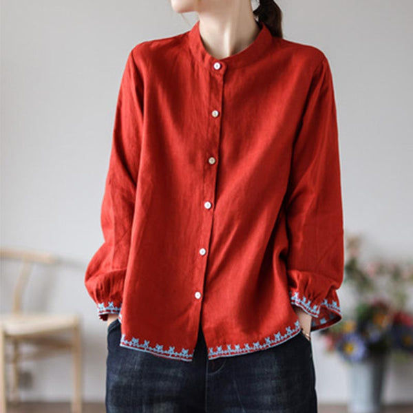 Embroidery long sleeve mock neck loose blouses