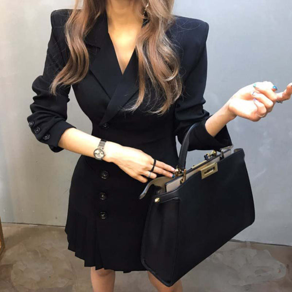 Solid single breasted lapel pleated blazer dresses