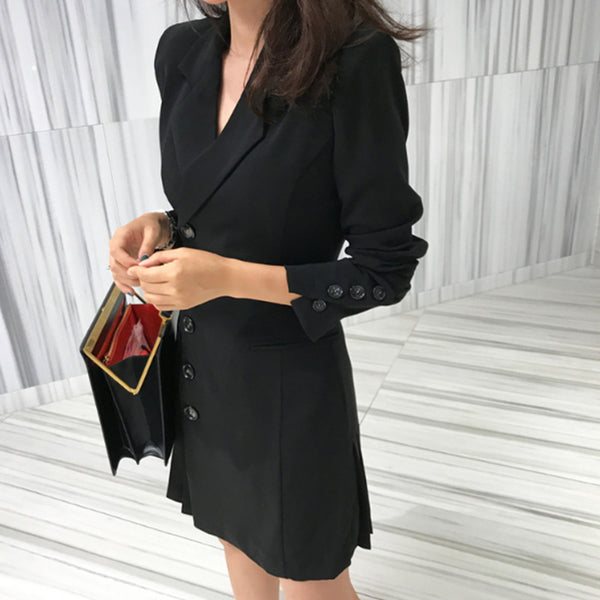 Solid single breasted lapel pleated blazer dresses