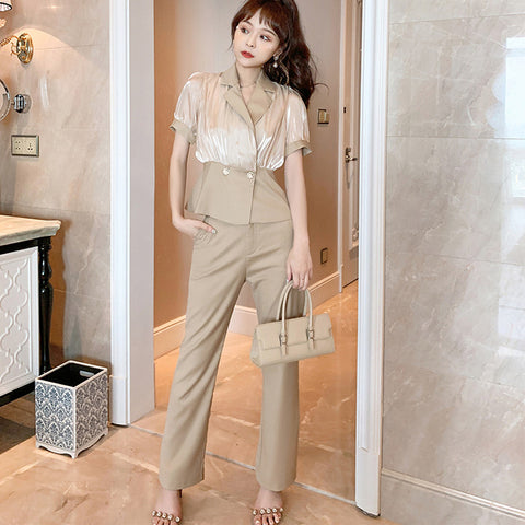 Stylish patch lapel short sleeve tops and solid straight pants suits