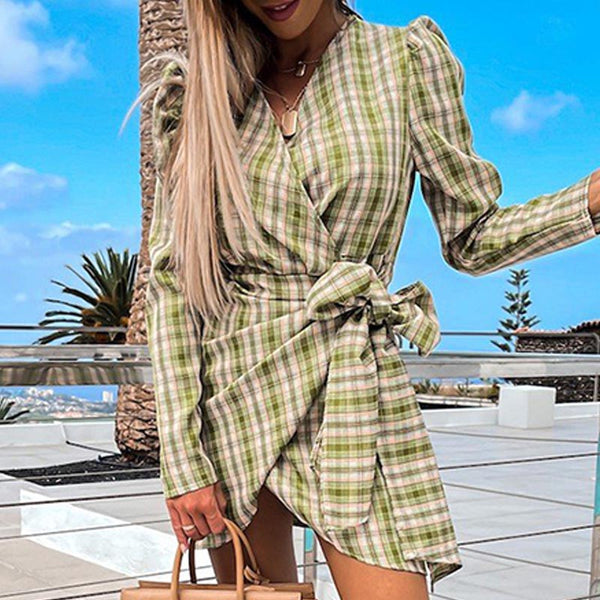 Plaid v-neck belted wrap dresses