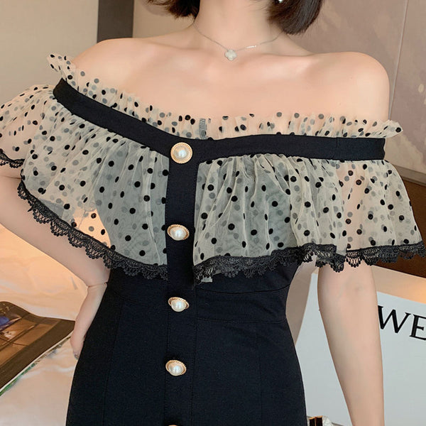 Off-the-shoulder polka dot bodycon dresses