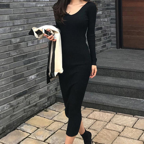 Classical solid stretchy knitted bodycon dresses