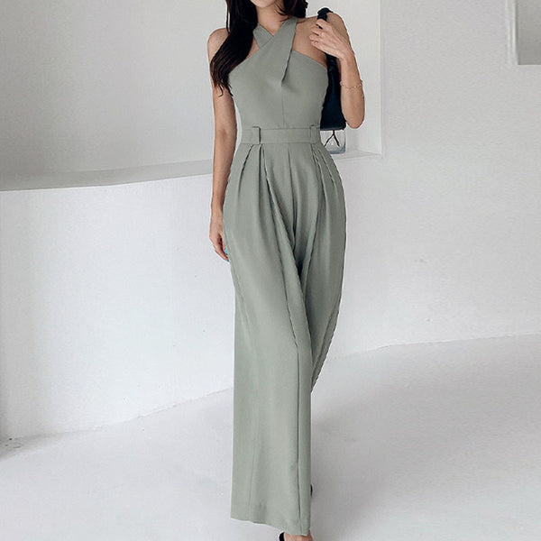 Green halter neck high waisted straight jumpsuits