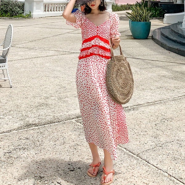 Elegant ruffle print v-neck splitted maxi dresses