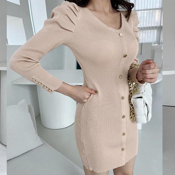 Solid crew neck puff sleeve knitting dresses