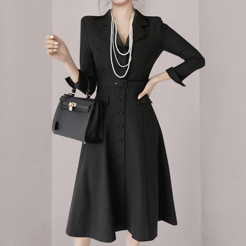 3/4 sleeve single-breasted belted a-line midi blazer dresses