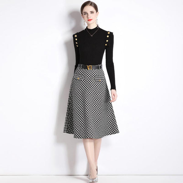 Elegant solid mock neck long sleeve knitting tops and plaid a-line skirts suits