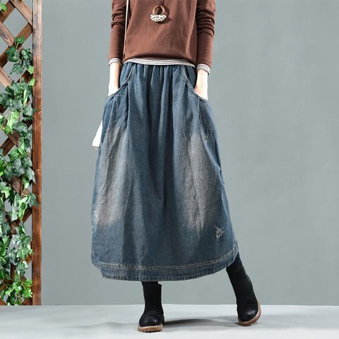 Vintage denim patchwork pocket a-line skirts
