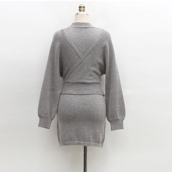 Flare sleeve solid knitted mini skirt suits