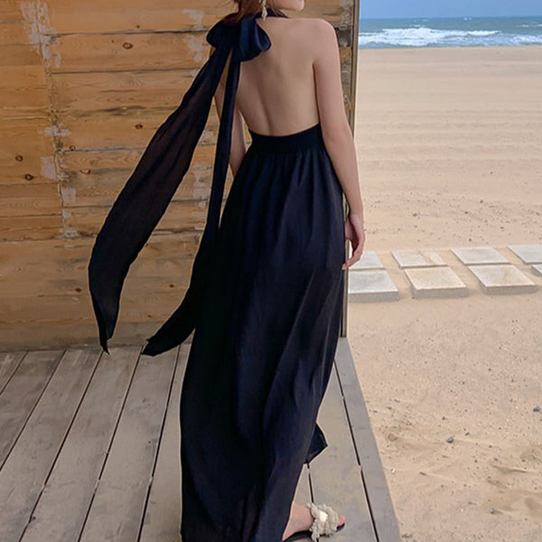 Deep v-neck halter backless beach dresses