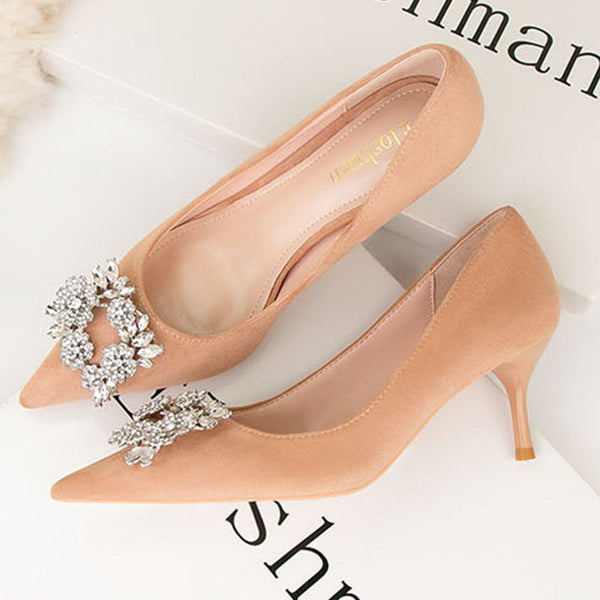 Low-fronted rhinestone suede pointed toe heels