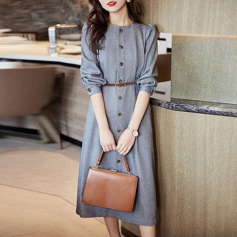 Vintage solid crew neck long sleeve belted skater dresses