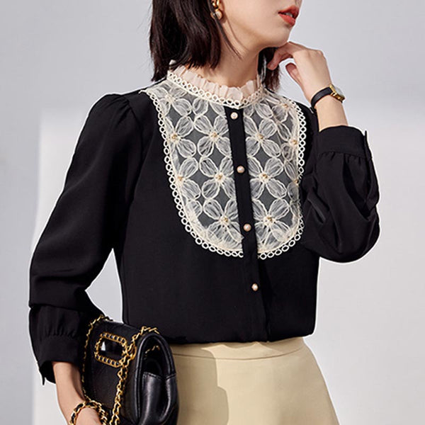Stylish patch mock neck long sleeve beaded blouses