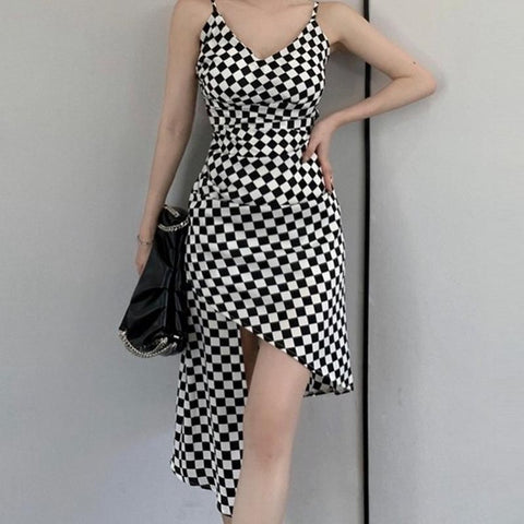 Stylish checkerboard v-neck irregular strap dresses