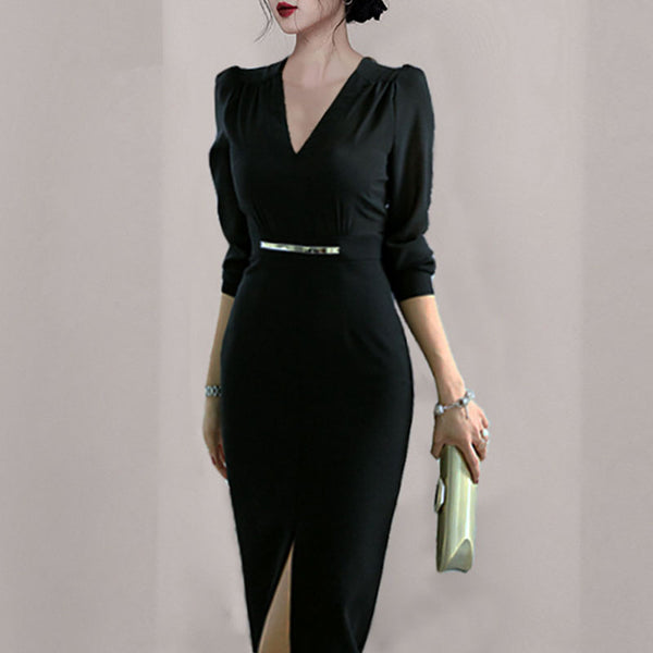 V-neck long sleeve black sheath dresses