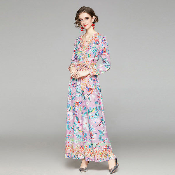 V neck long sleeve print bow tie maxi dresses