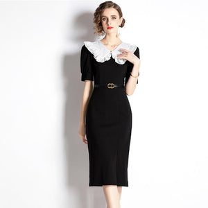 Elegant ruffle lapel neck short sleeve split bodycon dresses