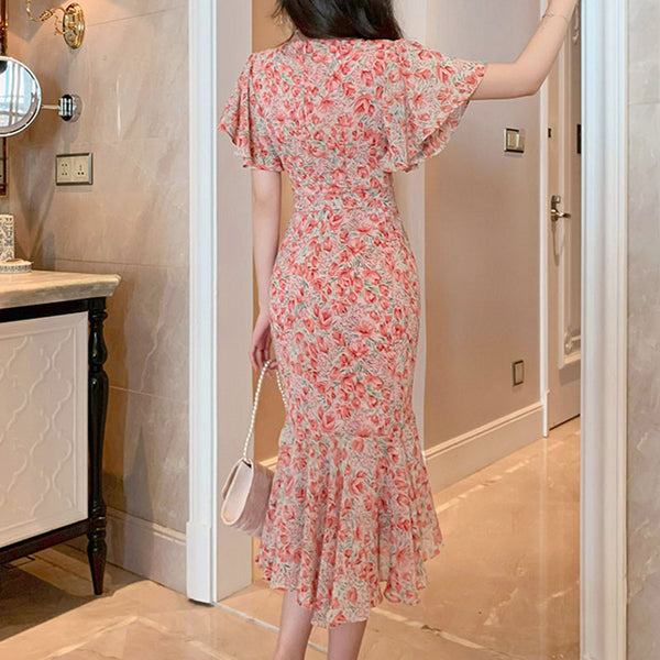 Elegant v-neck flare sleeve chiffon peplum dresses