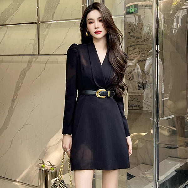 Elegant black long sleeve belted blazer dresses