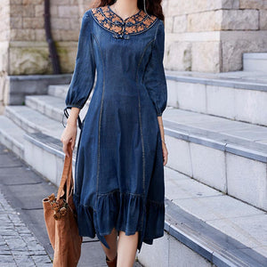 Embroidery frog buckle belted mermaid denim dresses