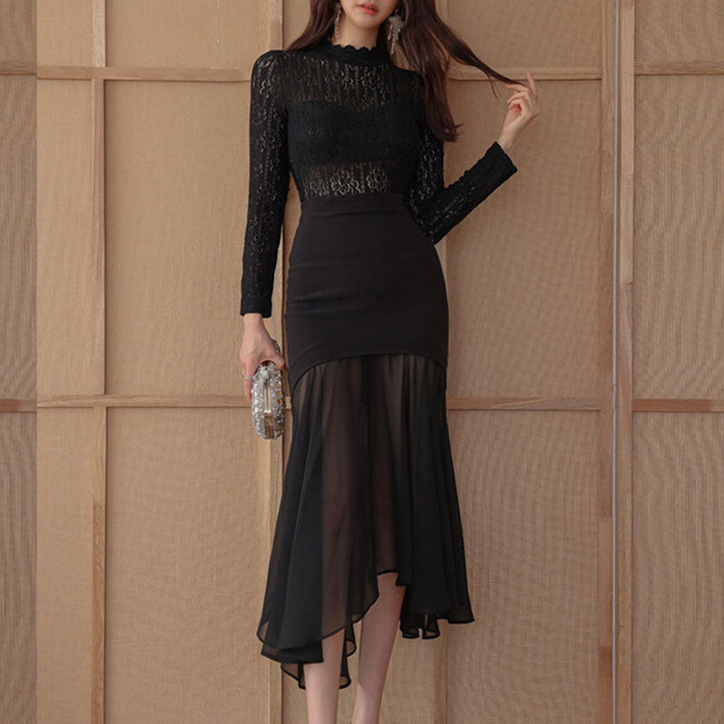 Lace patchwork black sheath dresses