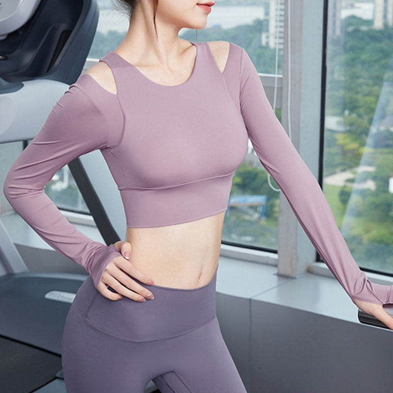 Cold shoulder solid long sleeve active tees