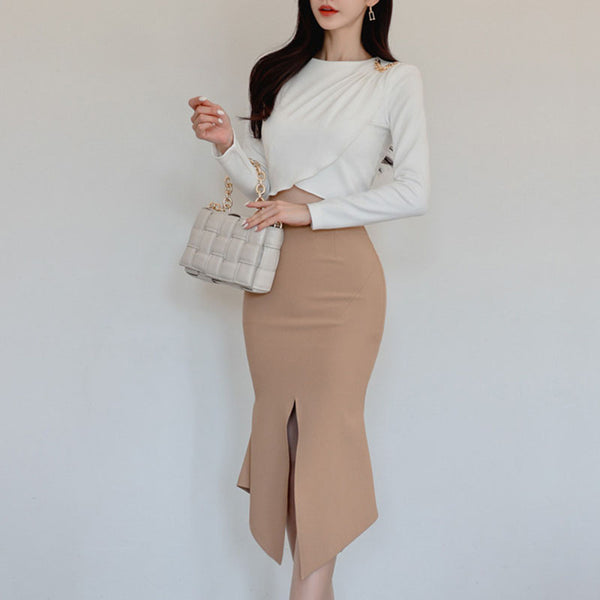 Slim long sleeve tops & solid pencil skirts