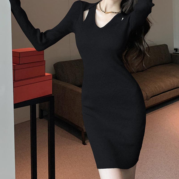 Solid knitting hollow out long sleeve slim dresses