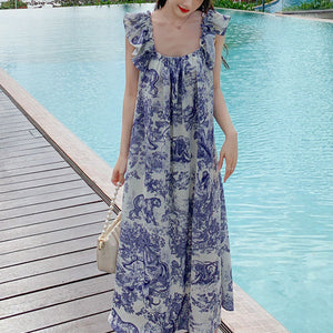 Square neck short sleeve print maxi dresses