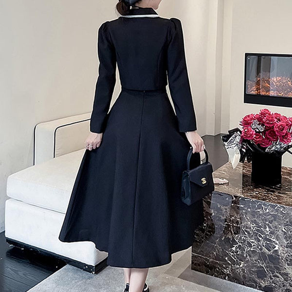 Retro notched long sleeve short coats and high waist a-line skirts suits