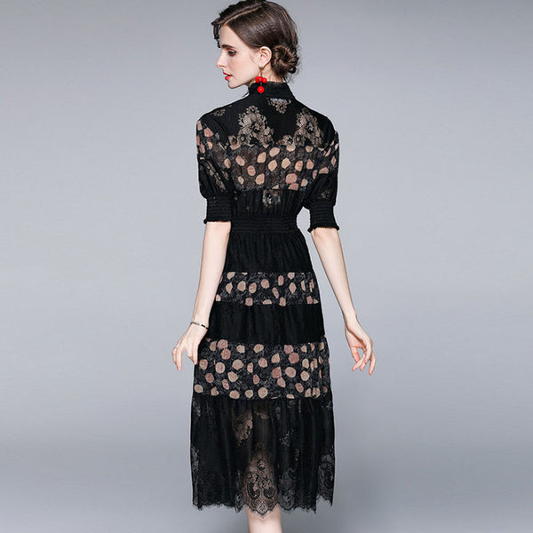 Retro half sleeve print patchwork lace dresses