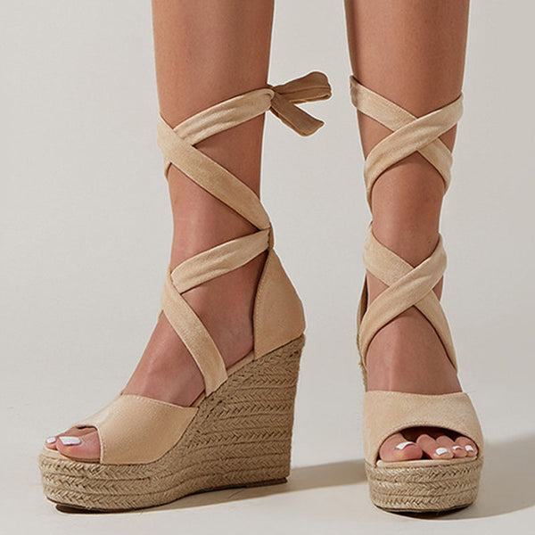 Braided lacing open toe wedge sandals