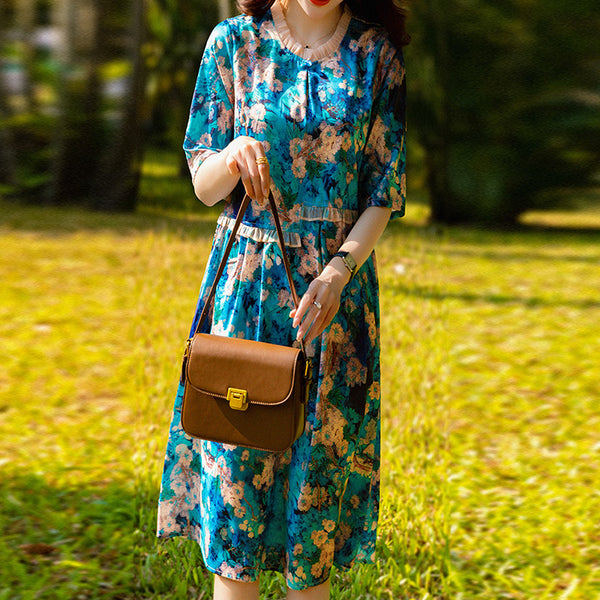 Distored selvedge blurred floral casual dresses