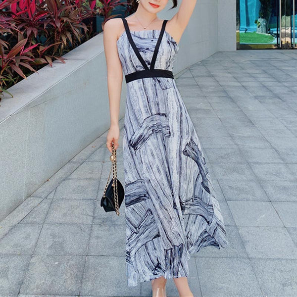 Chiffon print backless strap maxi dresses