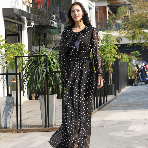 Women's dot print long sleeve maxi dresse