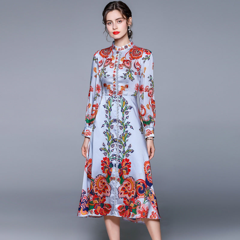 Mock neck print big hem midi dresses