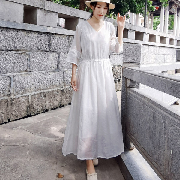 Solid linen three-quarter sleeve maxi dresses