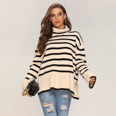 Loose stripe high neck long sleeve sweaters