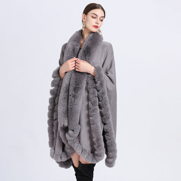Elegant fur collar long sleeve irregular shawl cloak coats