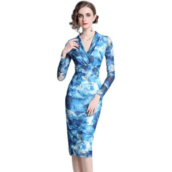 Lapel belted lapel long sleeve printed dresses