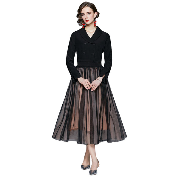 Elegant solid long sleeve blazers and mesh a-line skirts suits