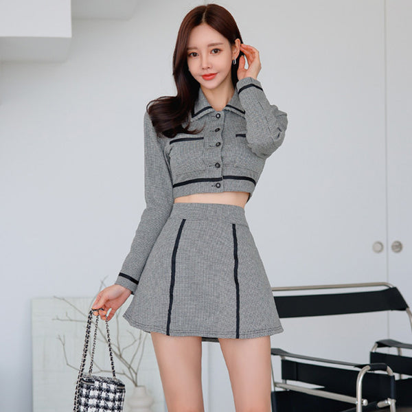 Stylish lapel long sleeve crop tops and mini skirts suits