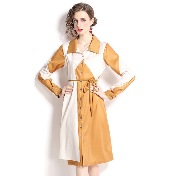 Chic color hit single-breasted lapel belted knee length dresses