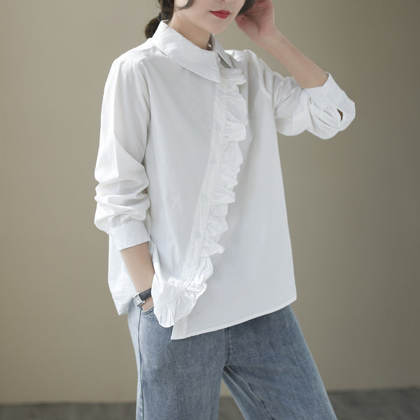 Vintage slanted placket fungus long sleeve blouses
