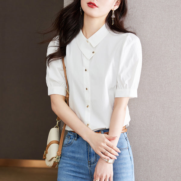 Chic solid lapel short sleeve blouses