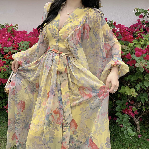 Boho V-Neck Floral Chiffon Dress Backless Beach Maxi Dress