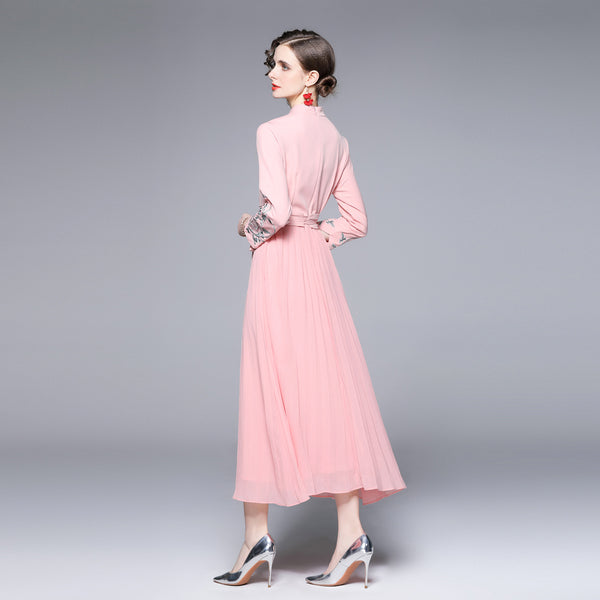 Chiffon long sleeve plead maxi dresses