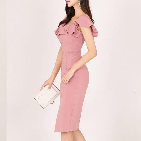Short sleeve square neck slim pink dresses
